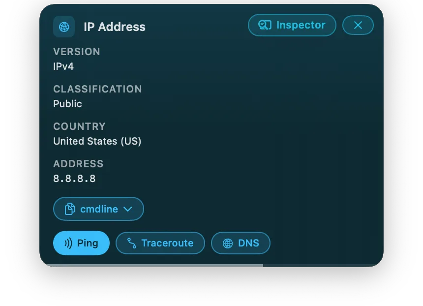 Little Eye showing an IP address with on-demand ping and traceroute actions